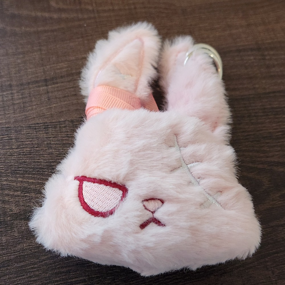 Pink Plush Bunny Head Keychain Pierced Stitched Faux Fur Alternative Accy 5"